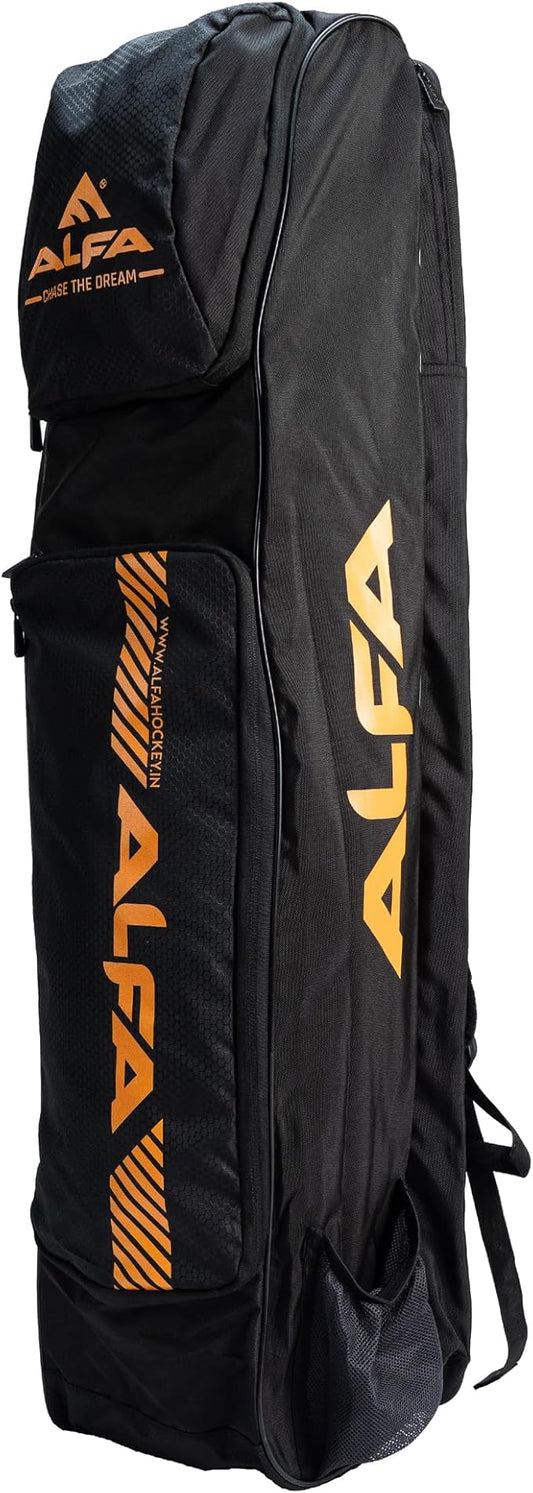 ALFA Cyclone Hockey Stick Cum KIT Bag |Color : Black-Mango |Size : Adjustable |Material : Polyester | Durable and Ventilated | Dual Functionality | Spacious Compartments | Comfortable Padded Straps | Reinforced Stitching | Easy Access Design.
