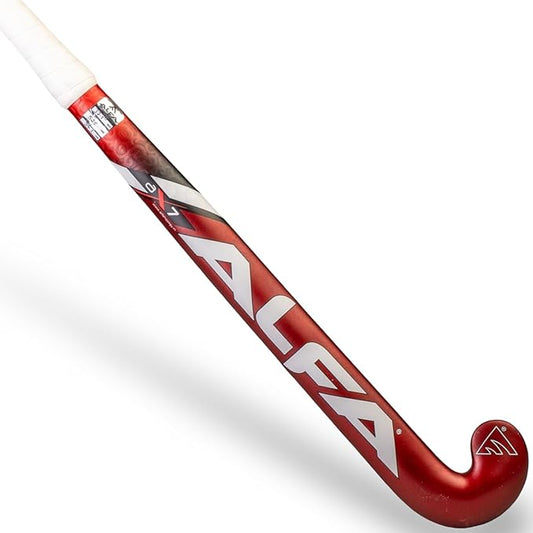 ALFA AX7 Hockey Stick | Color: Red | Material: 70% Carbon Composite | Gender: Unisex | Extra Low Bow for Drag Flicks | Optimized Lightweight Design | Durable High-Performance Stick | Versatile for All Playing Styles | Comes with Stick Bag.