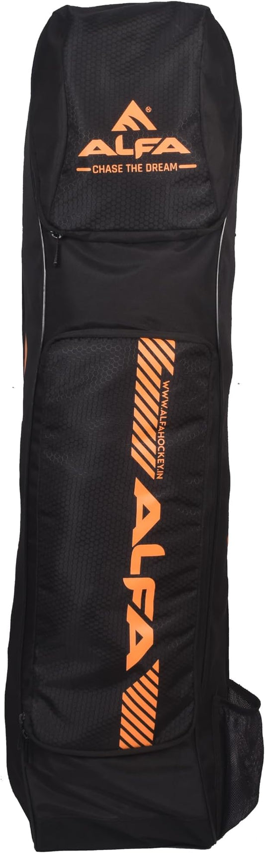 ALFA Cyclone Hockey Stick Cum KIT Bag |Color : Black-Mango |Size : Adjustable |Material : Polyester | Durable and Ventilated | Dual Functionality | Spacious Compartments | Comfortable Padded Straps | Reinforced Stitching | Easy Access Design.